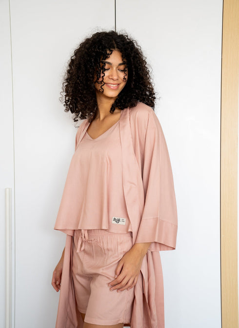 Women summer 3 piece pajama set  Rose Top +kimono & short
